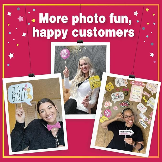 Girl Baby Shower Photo Booth Props - 41-pc Photobooth Kit with 8 x 10-Inch Sign, 60 Adhesive Pads, 45 Sticks - Baby Photo Booth Props Girl - Photo Props for Baby Shower