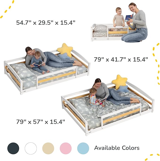 Ocodile Toddler Bed with Rails | Low Montessori Floor Bed Frame for Kids | Standard Crib Size Wooden Frame for Independent Toddlers 1-3 - White