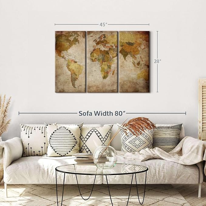 ElephantStock World Map Multi Piece Canvas - 3 Piece Canvas World Map Wall Decor - Wall Decor - Ready-to-Hang Print - Vintage Wall Art - 45" X 28"