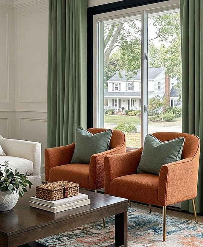 INOVADAY 100% Blackout Curtains for Bedroom, Black Out Curtains 108 Inch Long, Clip Rings Linen Blackout Drapes, Thermal Insulated Room Darkening for Living Room, 2 Panels - Moss Green,W50xL108