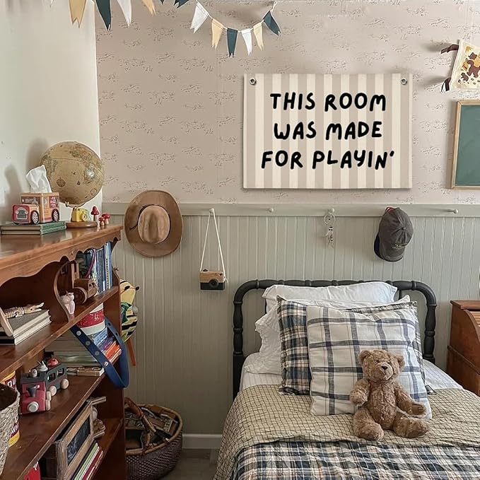 Playroom Decor, Long Live Playtime Wall Hanging Linen Banner, Blue Striped Wall Flag for Kids Room Nursery Playroom Decor, 20x30 Inch-This Room