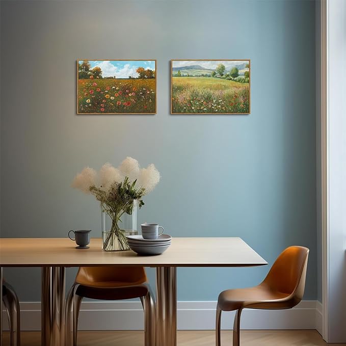 OIQArtOIQ Vintage Landscape Framed Wall Art Fall Countryside Colorful Wildflower Field Canvas Art Prints Farmhouse Cottagecore Pictures Wall Decor Rustic Meadow Paintings Artwork For Kitchen Bedroom