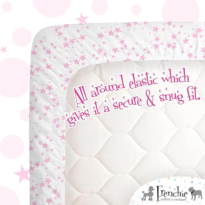 Frenchie Mini Couture Bassinet Sheets 100% Woven Cotton Pink Stars, 15 x 33in, 2-Pack
