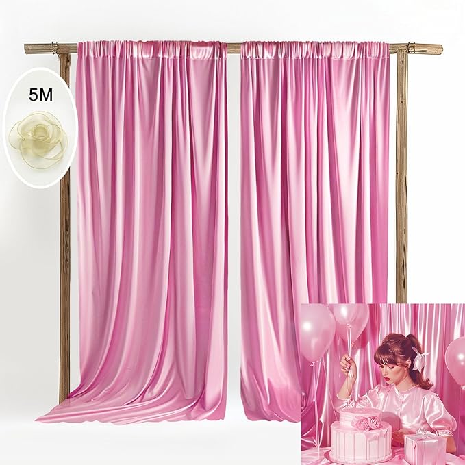10x10ft Wedding Curtains Pink Wedding Backdrop for Ceremony Prom Stage Backdrop Satin Fabric Curtain Drapes Curtains Panels with Rod Pockets W5' x H10'2 Panels YUNBSDJ037