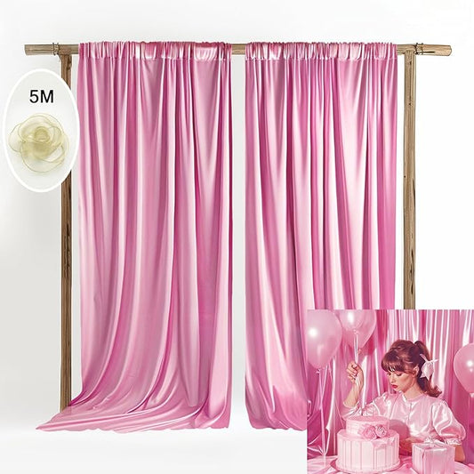 10x10ft Wedding Curtains Pink Wedding Backdrop for Ceremony Prom Stage Backdrop Satin Fabric Curtain Drapes Curtains Panels with Rod Pockets W5' x H10'2 Panels YUNBSDJ037