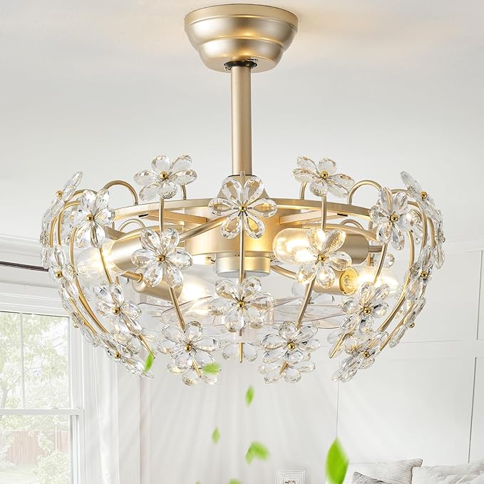 20" Gold Crystal Fandelier Ceiling Fan with Light, Mid-Century Flower Chandelier Ceiling Fan with Light Remote Control, Modern Caged 6 Speeds for Bedroom, Nursery, Foyer, Living Room