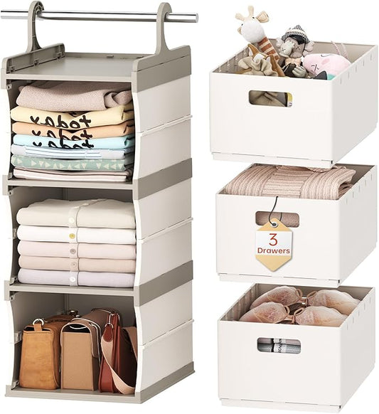 HAIXIN 3-Shelf Hanging Closet Organizer with 3 Removable Drawer & 6 Dividers, Plastic Hanging Shelves Foldable Closet Organizer and Storage Drawer for Bedroom, Wardrobe, Garment Racks, RVs