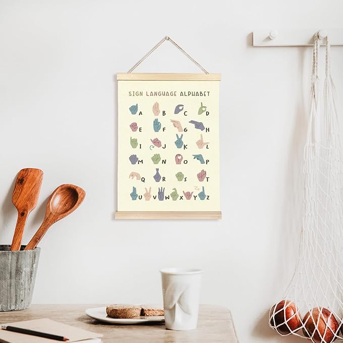 CGBHW Sign Language Alphabet Poster Hanger Frame, Baby Educational Posters Wall Art Hanging Decor for Toddler Boy Kids Room Classroom Playroom Nursery，Rainbow Boho Classroom Decor, 12x16Inch