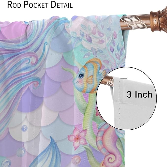 Fantasy Mermaid Curtain Dream Cartoon Marine Organisms Turtle Coral Ocean Theme Dream Blackout Window Treatment for Kids Girls Bedroom Nursery Room Decor Rod Pocket Window Drapes 72x63in