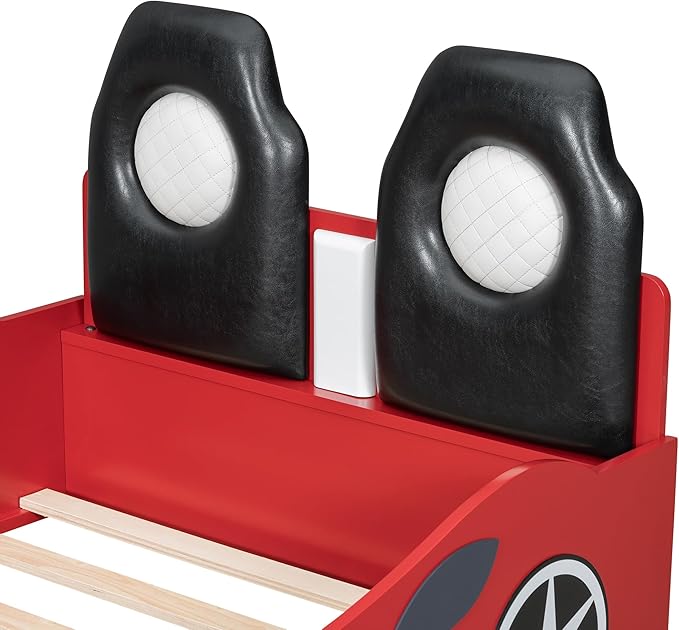 Merax Twin Size Race Car Bed with LED and Upholstered Backrest Headboard, PU Car-Shaped Platform Bedframe with Wheels and Guardrails, Wood Slat Support, No Box Spring Needed
