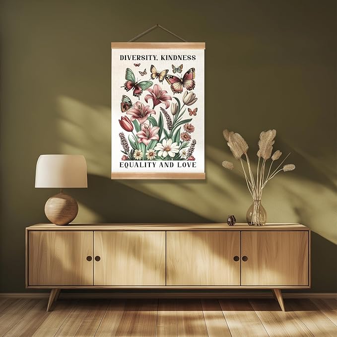 ZTGDA Diversity and Kindness Wall Art,Equality and Love Inspirational Hanging Poster with Butterflies and Flowers, Linen Canvas Print for Office, Classroom, or Home Decor 12x16In (Colour-Diversity)