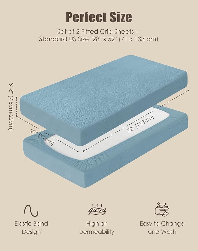 SWEET DOLPHIN 2-Pack Muslin Crib Sheets for Boys & Girls, Ultra Soft Breathable 40S Long-Staple Cotton Fitted Baby Sheets for Standard Crib Mattress 52"x28", Light Navy- Nursery Essentials
