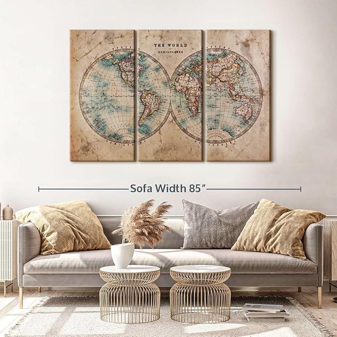 ElephantStock Hemisphere Map Wall Art Multi Piece Canvas - 3 Piece Canvas World Map Wall Decor - Wall Decor Print - Vintage Wall Art - 65" X 42"