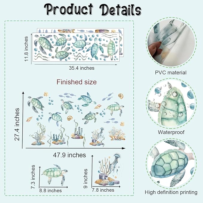 Watercolor Sea Turtle Wall Stickers, Sea Turtles Seaweed Coral Bubbles Vinyl Wall Decals, Removable Under The Sea Themed DIY Wall Art for Kids Bedroom Playroom Toddler Room Bathroom Decor