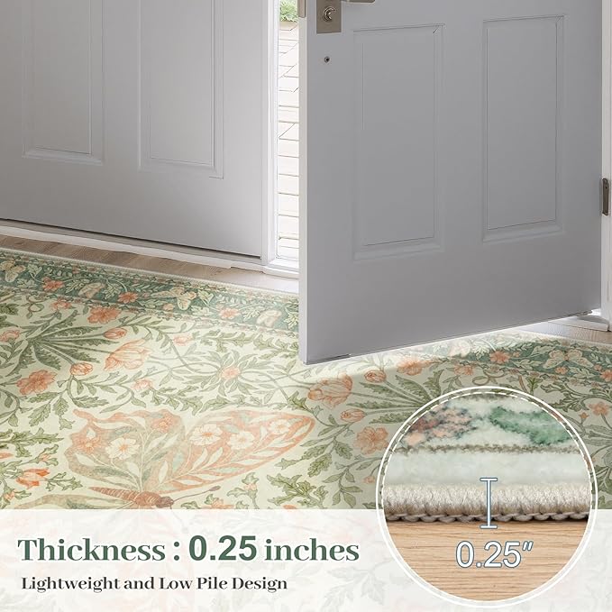 Collive Washable 6x9 Butterfly Area Rug, Boho Floral Rugs for Girls Room, Soft Non Slip Ultra Thin Insect Floor Carpet for Bedroom Living Room Playroom Nursery, Grass Green