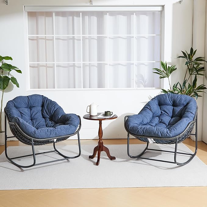 Oversized Outdoor Papasan Rocking Chair with Soft Cushion, Comfy Patio Egg Chair, Wicker Lounge Rocker for Balcony/Porch/Garden, Reinforced All Weather Rattan Frame, 330 lbs Support, Navy Blue