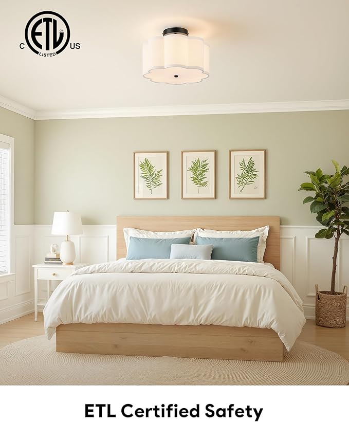 VONLUCE Semi-Flush Mount Ceiling Light, 12.6" Modern 3-Light Ceiling Light Fixture with White Petal-Shaped Shade 3 E26 Sockets for Bedroom Entryway Living Room, Black Finish, ETL Certificated