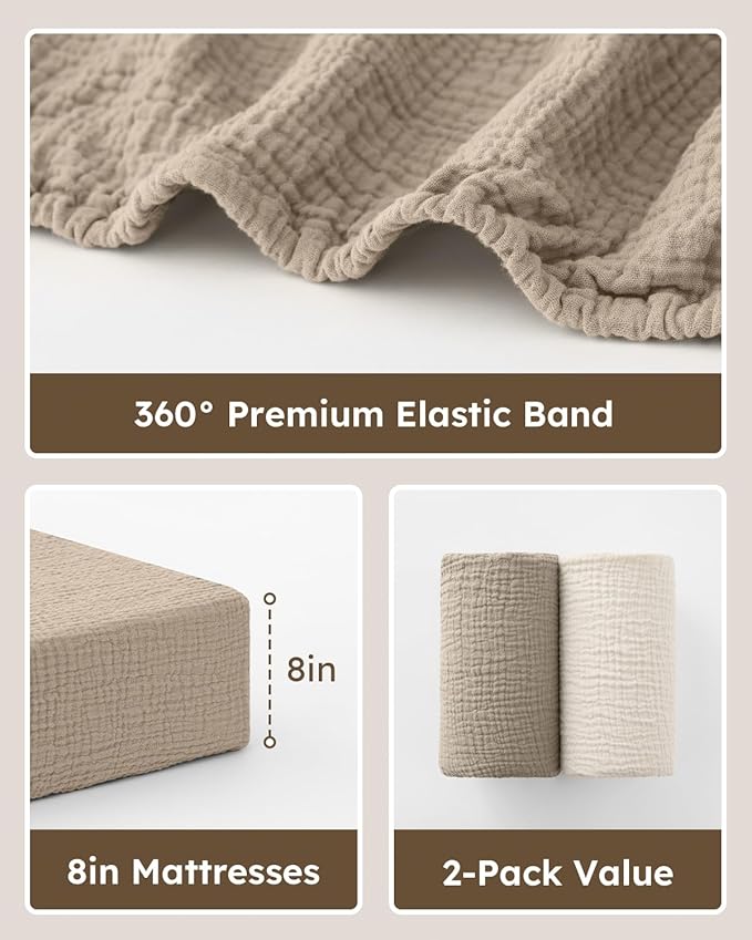 Muslin Crib Sheets for Boys Girls, 100% Cotton Fitted Crib Sheet 2 Pack for Standard Crib and Toddler Mattress, Breathable Soft Baby Sheet 28x52x8in Beige & Khaki