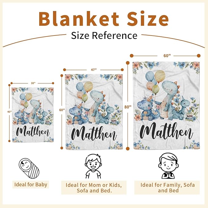 Personalized Baby Name Blanket for Boy Girl, Soft Flannel Blanket with Double Layer Dotted Backing for Infant Newborn, Nursery Crib with Dinosaur Design, Customized Gifts for New Mom(60" x80)