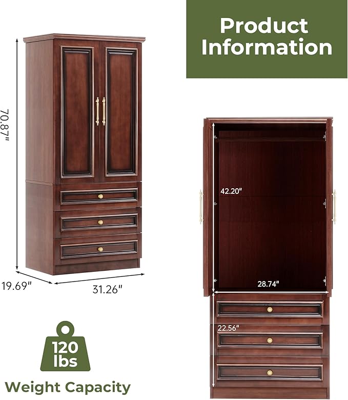 Solid Wood Armoire:Wardrobe Cabinet with Drawers and Hanging Rod,Storage Closet Clothes Organizer for Bedroom Cherry Finish