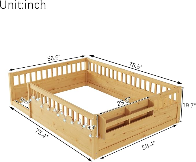KEIKI Full Size Floor Bed w/Light & Storage, Wood Montessori Platform Bed Frame w/Safety Rails, Space Saving Kids Beds for Boys Girls Bedroom Playing Room, Easy Assembly Bedframe, Noise Free, Brown