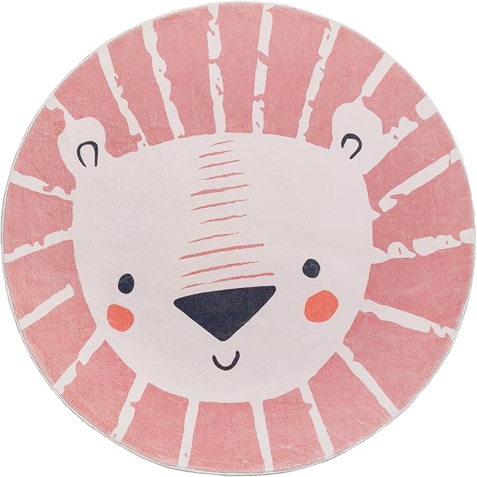 ABREEZE Lion Round Area Rug 4ft, Kids Play Rug Nursery Door Mat Washable Non-Slip Cartoon Themed Children Rug for Bedroom Living Room Kids Playroom,Pink