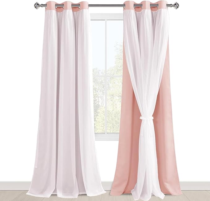 Hiasan Blackout Curtains with Sheer Overlay, Thermal Insulated Mix & Match Double Layer Room Darkening Window Curtains for Bedroom,Living Room,Nursery 2 Panels with Tiebacks (42W X 96L,Blush Pink)