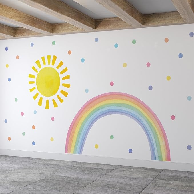 Watercolor Rainbow, Sun, Polka Dots Wall Decal for Kids Room, Nursery, Baby Room Decor, Polka Dots Mural, Rainbow Wallpaper (Rainbow-Sun-Polkadots, XLarge)