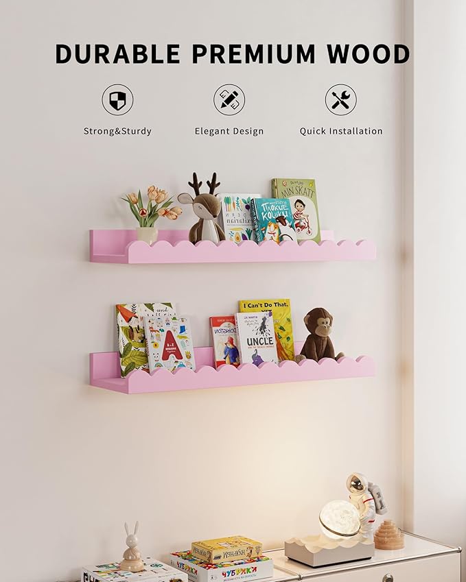 Shario Nursery Book Shelves, 4-Pack White Floating Shelves for Wall Kids, Scalloped Shelves, Wall Book Shelves for Bedroom Kids, Toddler Room, Baby Room, Nursery Decor(Pink, 16.5 Inches)