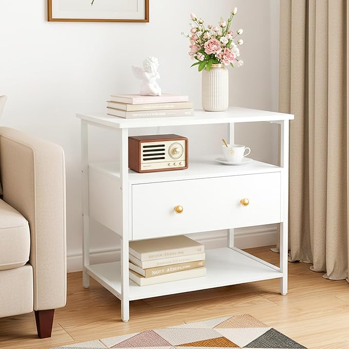 27 Inch Wide Night Stand with Charging Station, Wood Nightstand with Open Shelf, Large Drawer Bedside Table for Living Room/Bedroom/Office (White)
