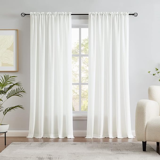 Melodieux Ivory Velvety Semi Sheer Curtains 63 Inch Length for Bedroom, Living Room Natural Cotton Texture Rod Pocket Window Sheer Drapes, 52 by 63 Inch (2 Panels)