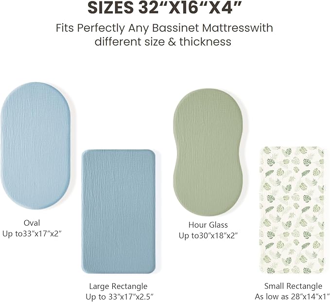Konssy 2 Pack Muslin Bassinet Sheets for Baby Boy, 100% Cotton Soft Breathable Bassinet Mattress Sheets Fit for Hourglass Oval Cradle Rectangle Mattress (Palm Paradise,Sage)