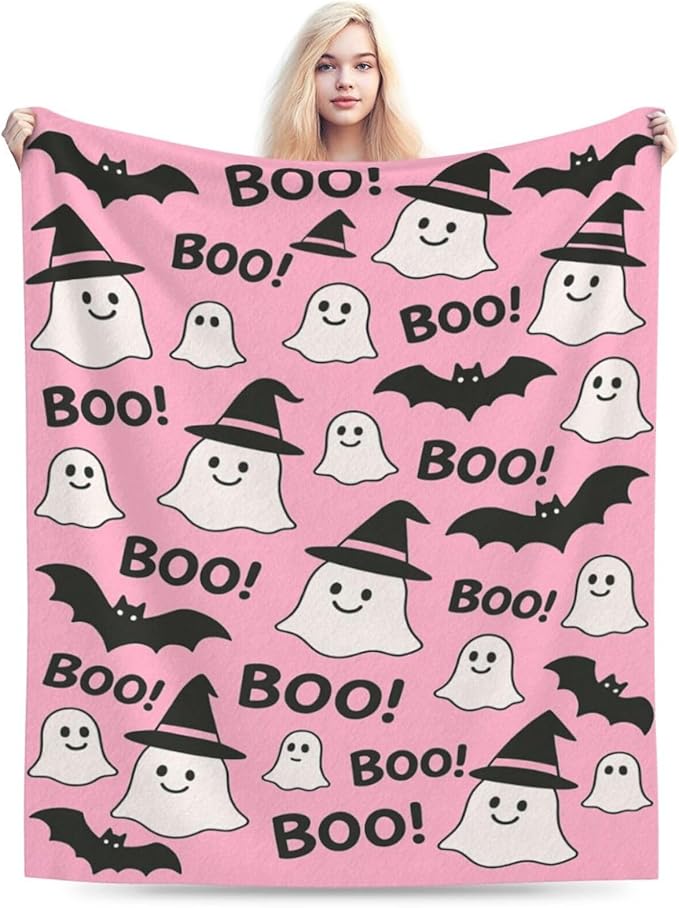 Halloween Pink Throw Blanket Cute Ghost Bat Blanket Soft Cozy Fleece Fuzzy Plush Warm Stuff Bedding Blankets for Women Girls Kids Adult Men 40"x50"