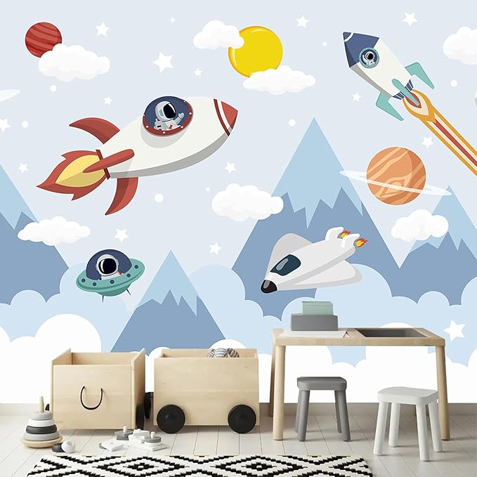 AFZEVEB-Space Mural Hand-Painted Cartoon Wallpaper for Kids Room 114"x74"(Not Peel and Stick)