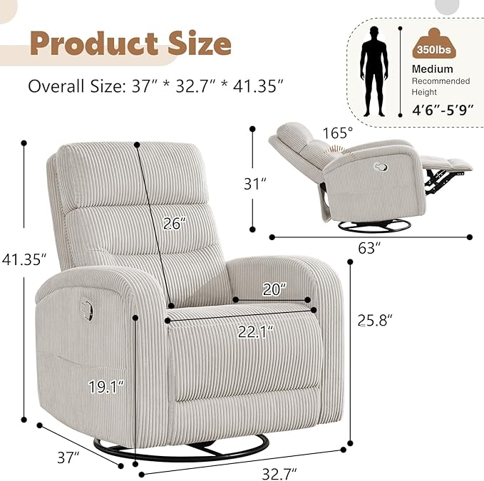 Swivel Rocker Recliner, Swivel Nursery Glider Recliner, Manual Rocking Recliner Chairs with Pockets and Large Arms for Living Room,Corduroy Camel