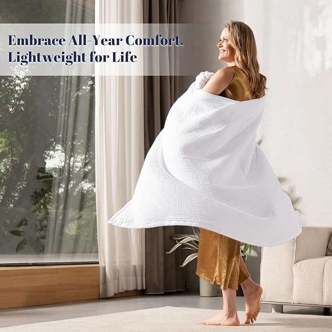PHF 100% Cotton Muslin Throw XL Blanket Large 50" x 70", 4-Layer Lightweight Gauze Throw, Breathable Cloud-Soft Minimalist Blanket for Bed, Couch, Camping & Baby, White, Ideal Gift