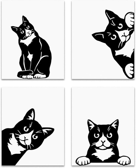 OFJE Funny Black Cat Lover Gifts Wall Art Decor Prints Set of 4, Cute Cat Pictures Wall Decor Living Room Bedroom Bathroom, 8x10 Unframed