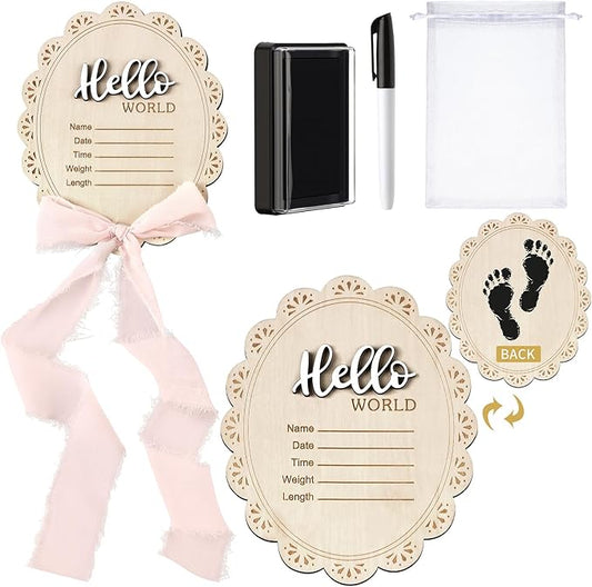 Baby Announcement Sign 7 Inch Double Sided Wooden Hello World Newborn Engraved Sign with Organza Bag Marker Pen Ink Pad Ribbon Bow for Baby Shower Hand Footprints Photo Prop (Pink Bow)
