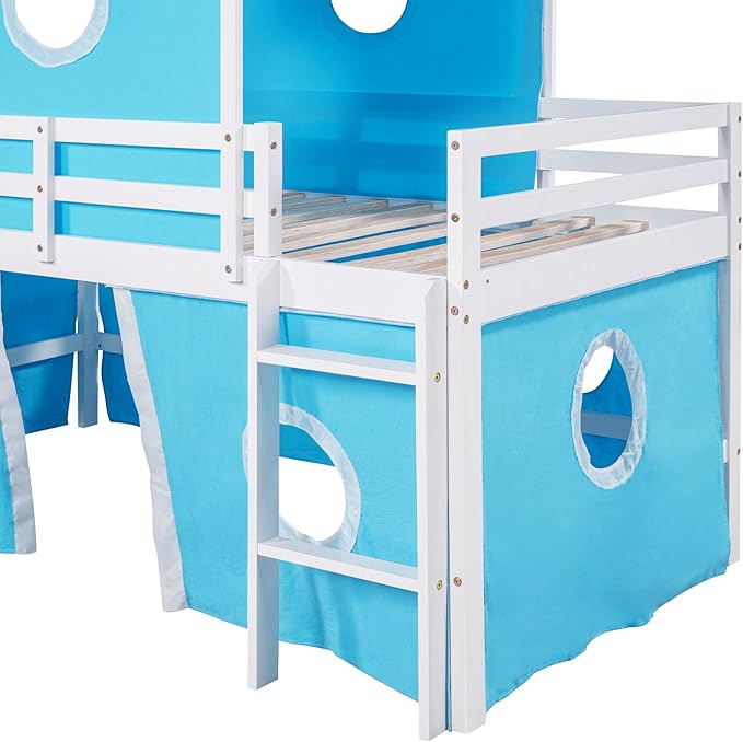 Playhouse Design Twin Size Low Loft Bed with Slide & Tent and Tower, Solid Wood Tent Bed Frame for Kids Boys Girls, Versatile Spacious Under Bed Space with Curtains(Blue-TW)