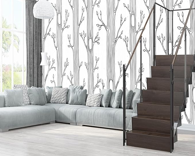 XMPMBM-Hand-Painted Cartoon Grey Tree Fabric Wallpaper Nursery Room Kids Bedroom Wall Mural-W 154" X H 105"（112 Square Foot）