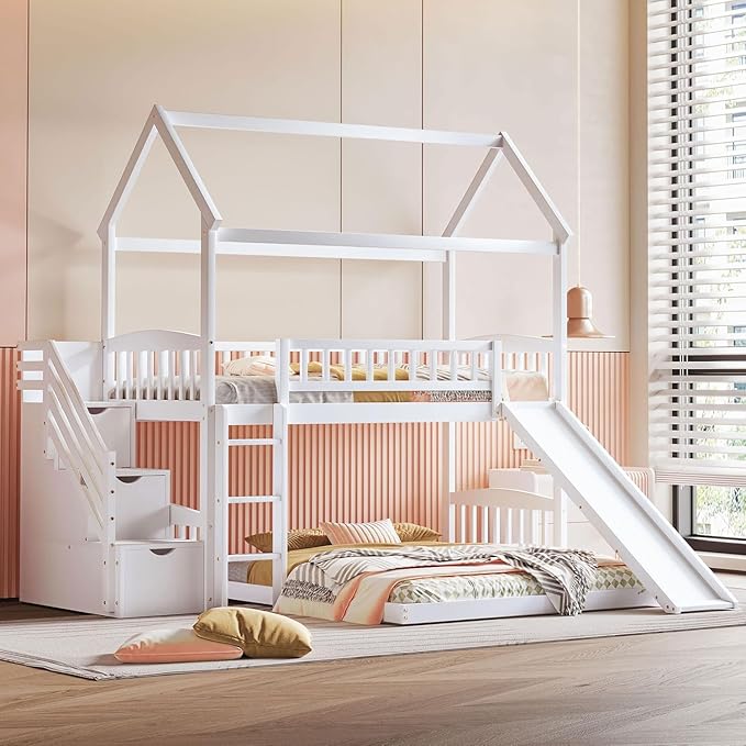 MERITLINE Twin Over Full L Shaped Bunk Bed for 2,Solid Wood House Floor Bunk Bed with Slide and Storage Stairs,No Box Spring Needed (White)