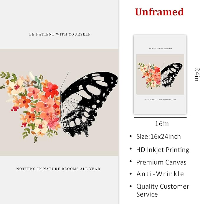 Be Patient with Yourself Art Butterfly Flower Picture Mental Health Wall Art Watercolor Flower Poster Positive Affirmations Pictures Black Butterfly Painting for Living Room Bedroom 16x24in Frameless