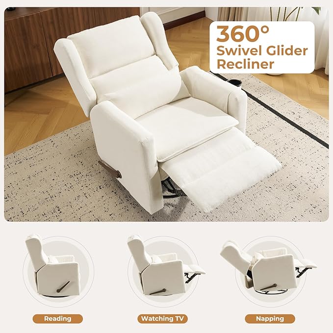 Swivel Rocker Recliner Chair with Adjustable Headrest,Rocking Recliner Chair for Nursery,Oversized Glider Rocking Chair with Double Cushion,Chenille,White