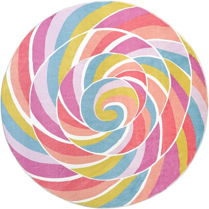 Kids Rug Play Mat 6Ft Round Rainbow Lollipop Girls Bedroom Carpet, Large Circle Candy Classroom Playroom Area Rug for Children, Cute Nursery Mat for Candyland Party Decorations