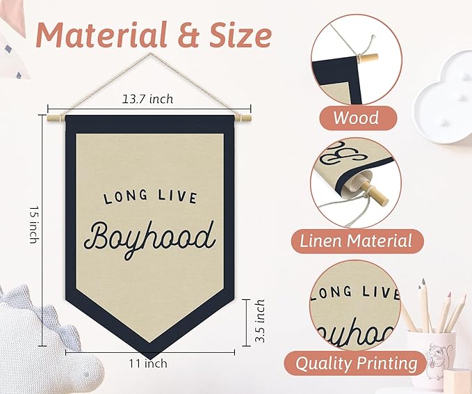 Boys Room Decor, Long Live Boyhood Linen Canvas Banner, Boy Nursery Wall Hanging Pennant Flag Banner for Boys Kids Toddler Room Bedroom Playroom Decor, 15x11in - Navy Blue