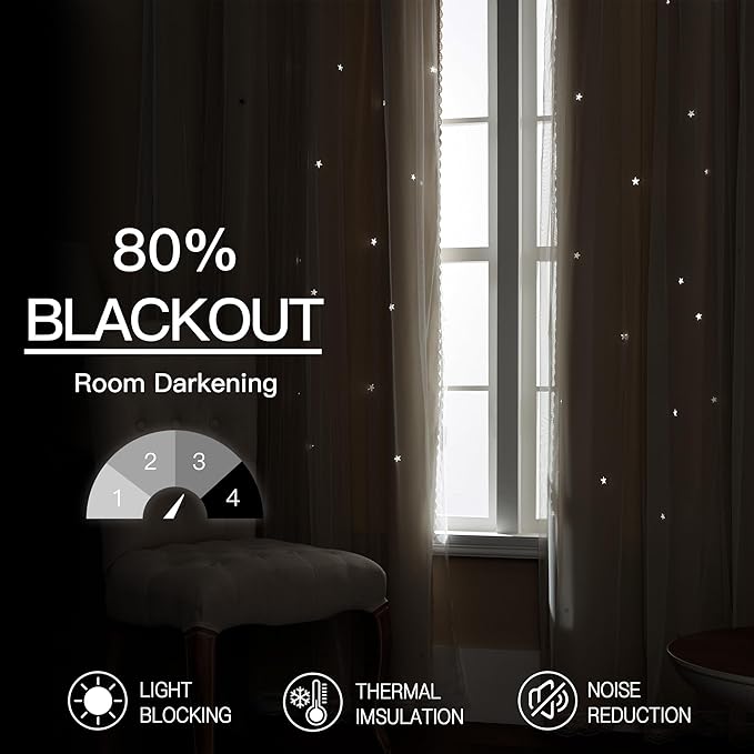 XiDi Beige Blackout Curtains with Sheer Overlay Star Cut Out Design Warm Color Double Layer Curtains Thermal Noise Reduction Grommet Darpes for Girls Kids Bedroom Living Room 34 x 84 Inches, Set of 2