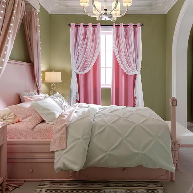 Anytime Home Curtains Blackout and Sheer Layered Solid Window Curtain Panel Pair with Grommet Top, 52Wx72L,Pink