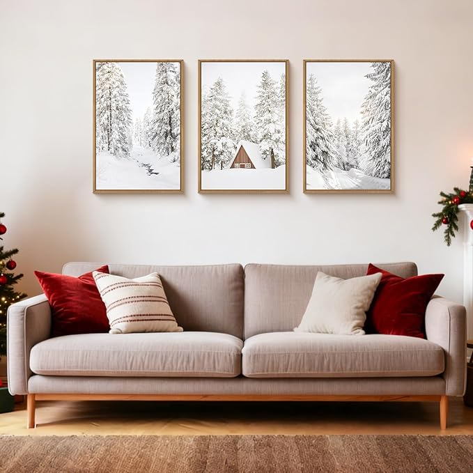 HLNIUC Christmas Snow Forest Framed Wall Art Set of 3, Large Winter Mountain Pine Tree Decor, Vintage White Cabin Landscape Canvas Art(16x24), Farmhouse Rustic Prints for Living Room, Bedroom, Office