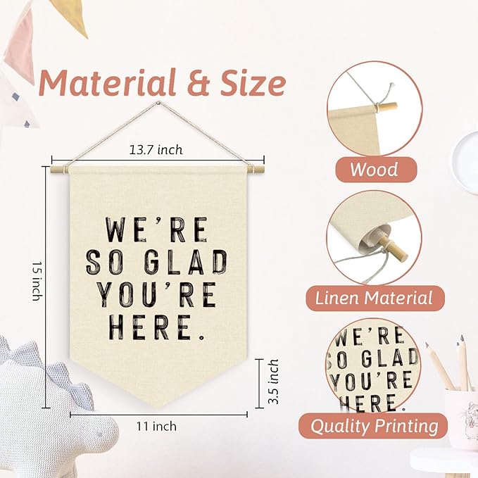 Welcome Sign We're So Glad You're Here Linen Canvas Banner, Teacher Must Haves, Positive Affirmations Wall Hanging Pennant Flag Banner for Classroom Preschool Decor, Welcome Gifts, 15x11in