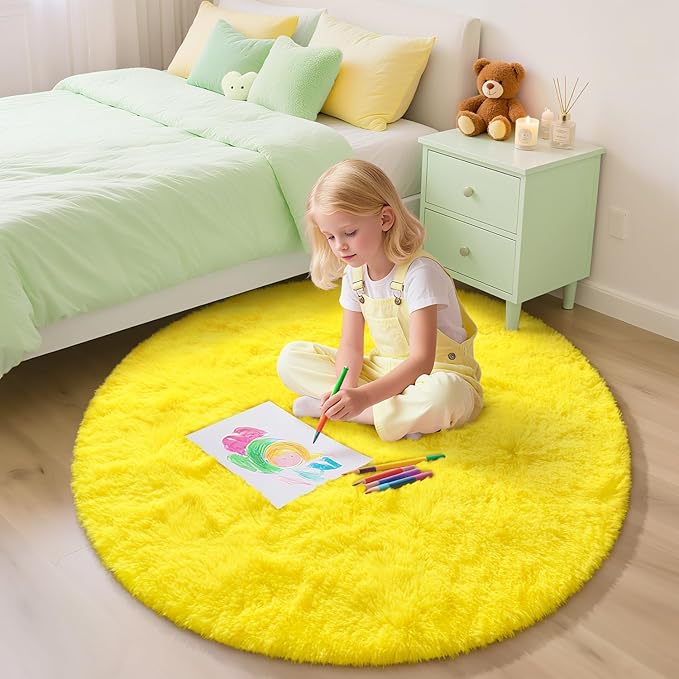 EVOIONOS Yellow Round Rug for Living Room, 6x6 Ft Fluffy Soft Circle Area Rugs for Bedroom, Plush Shaggy Circular Carpet for Indoor Floor Bedside Kids Nursery, Machine-Washable Home Decor Aesthetic